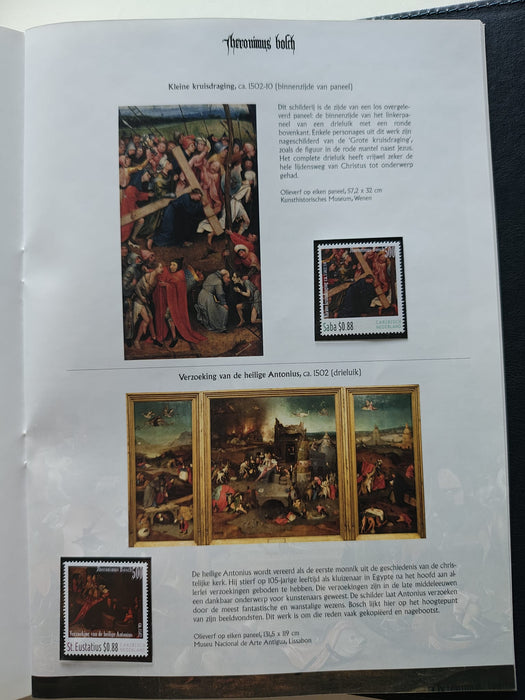 Album/Enciclopedie Hieronymus Bosch tematica ARTA, PICTURA, RELIGIE, EZOTERISM contine aproximativ 100 serii, blocuri ilustrate si maxicarduri in posete de plastic, cu picturi celebre . SUPERB!! Albumul are coperti si caseta din piele.