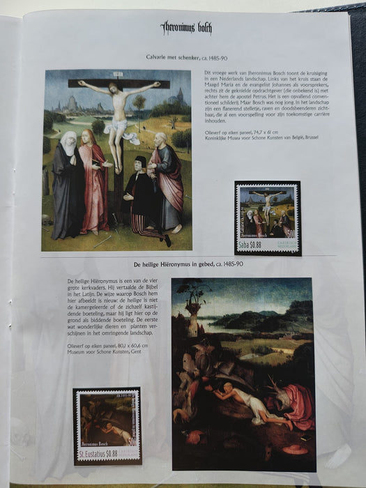 Album/Enciclopedie Hieronymus Bosch tematica ARTA, PICTURA, RELIGIE, EZOTERISM contine aproximativ 100 serii, blocuri ilustrate si maxicarduri in posete de plastic, cu picturi celebre . SUPERB!! Albumul are coperti si caseta din piele.