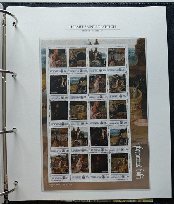 Album/Enciclopedie Hieronymus Bosch tematica ARTA, PICTURA, RELIGIE, EZOTERISM contine aproximativ 100 serii, blocuri ilustrate si maxicarduri in posete de plastic, cu picturi celebre . SUPERB!! Albumul are coperti si caseta din piele.