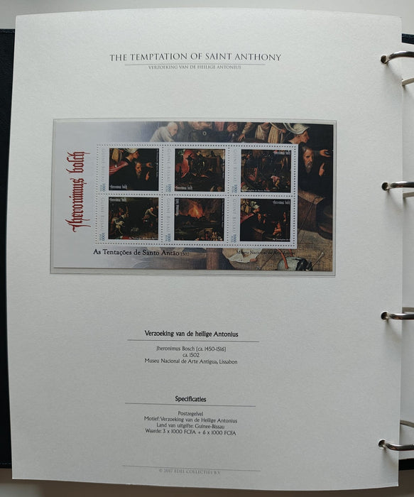 Album/Enciclopedie Hieronymus Bosch tematica ARTA, PICTURA, RELIGIE, EZOTERISM contine aproximativ 100 serii, blocuri ilustrate si maxicarduri in posete de plastic, cu picturi celebre . SUPERB!! Albumul are coperti si caseta din piele.