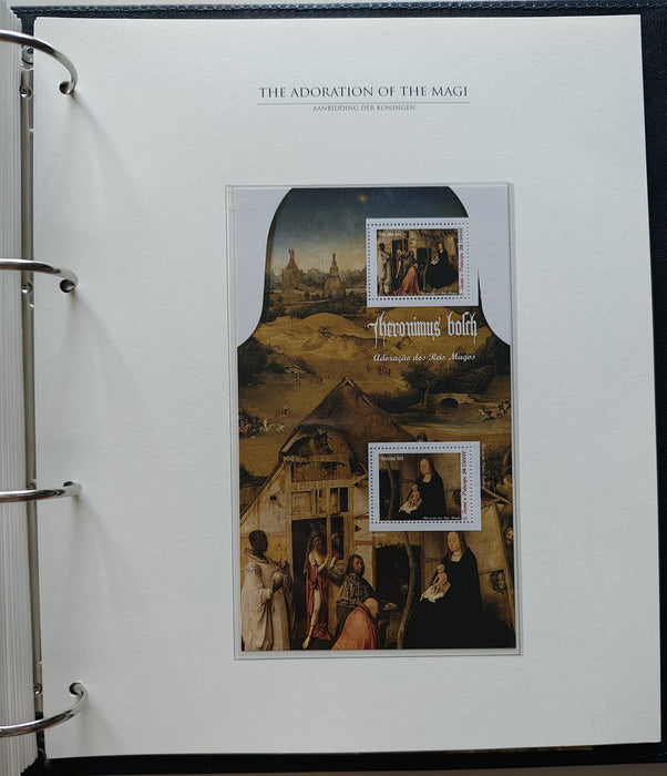 Album/Enciclopedie Hieronymus Bosch tematica ARTA, PICTURA, RELIGIE, EZOTERISM contine aproximativ 100 serii, blocuri ilustrate si maxicarduri in posete de plastic, cu picturi celebre . SUPERB!! Albumul are coperti si caseta din piele.