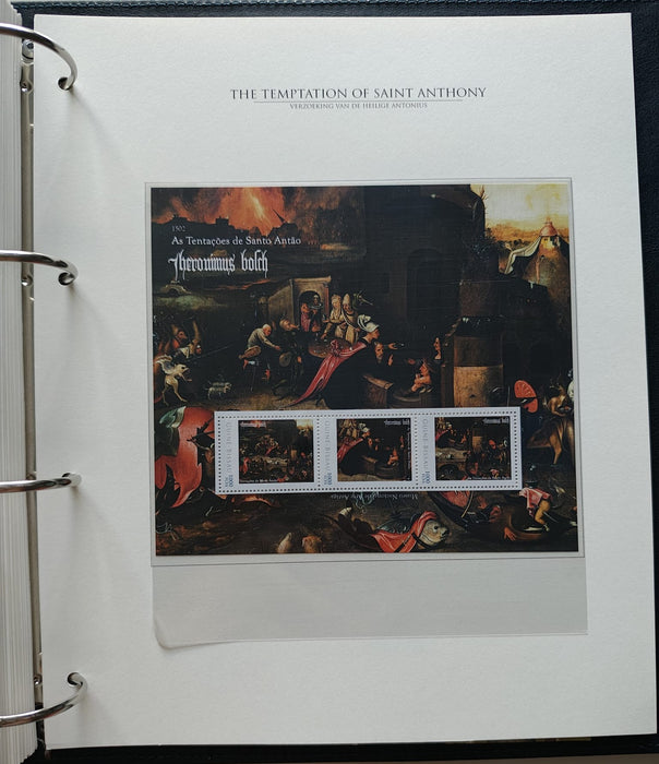 Album/Enciclopedie Hieronymus Bosch tematica ARTA, PICTURA, RELIGIE, EZOTERISM contine aproximativ 100 serii, blocuri ilustrate si maxicarduri in posete de plastic, cu picturi celebre . SUPERB!! Albumul are coperti si caseta din piele.