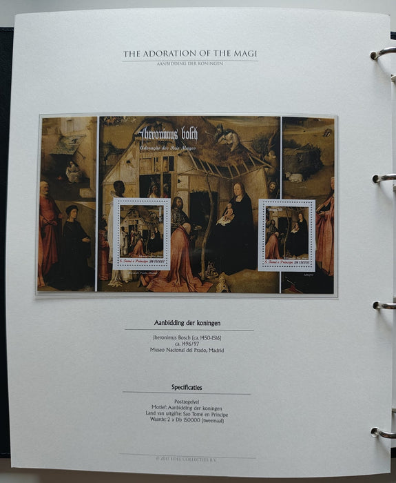 Album/Enciclopedie Hieronymus Bosch tematica ARTA, PICTURA, RELIGIE, EZOTERISM contine aproximativ 100 serii, blocuri ilustrate si maxicarduri in posete de plastic, cu picturi celebre . SUPERB!! Albumul are coperti si caseta din piele.