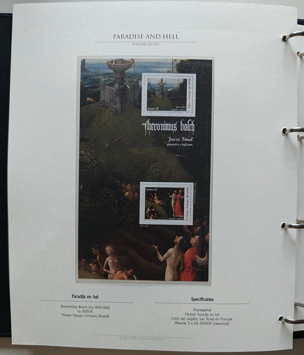 Album/Enciclopedie Hieronymus Bosch tematica ARTA, PICTURA, RELIGIE, EZOTERISM contine aproximativ 100 serii, blocuri ilustrate si maxicarduri in posete de plastic, cu picturi celebre . SUPERB!! Albumul are coperti si caseta din piele.