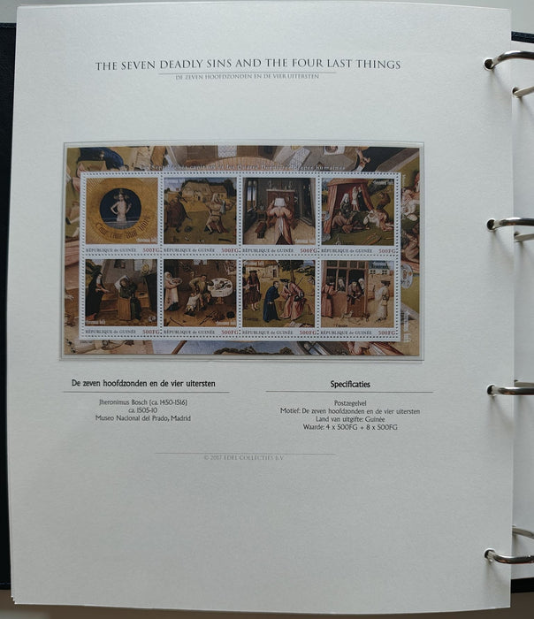 Album/Enciclopedie Hieronymus Bosch tematica ARTA, PICTURA, RELIGIE, EZOTERISM contine aproximativ 100 serii, blocuri ilustrate si maxicarduri in posete de plastic, cu picturi celebre . SUPERB!! Albumul are coperti si caseta din piele.