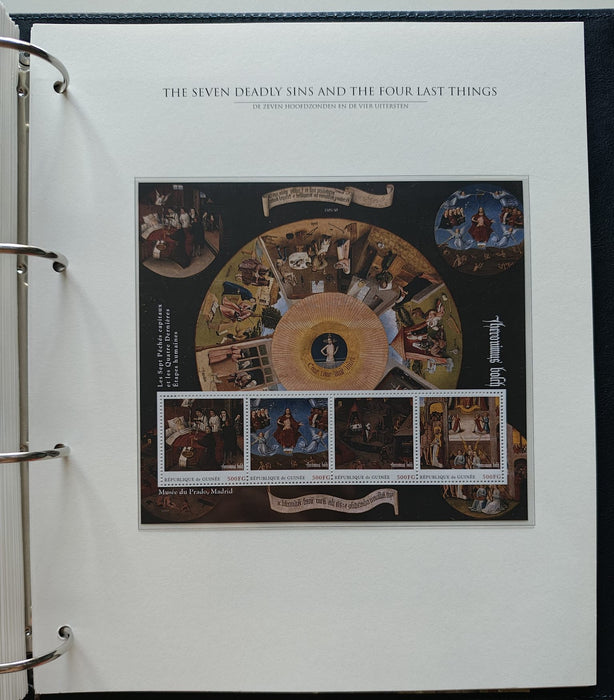 Album/Enciclopedie Hieronymus Bosch tematica ARTA, PICTURA, RELIGIE, EZOTERISM contine aproximativ 100 serii, blocuri ilustrate si maxicarduri in posete de plastic, cu picturi celebre . SUPERB!! Albumul are coperti si caseta din piele.