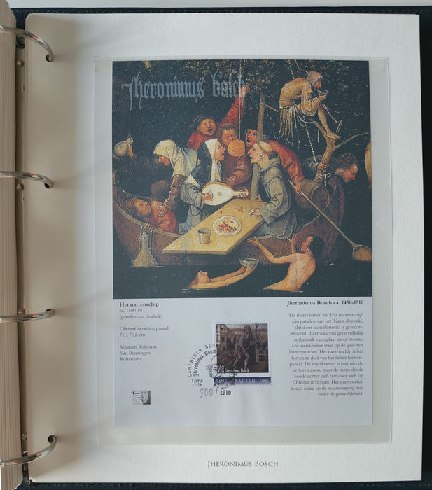 Album/Enciclopedie Hieronymus Bosch tematica ARTA, PICTURA, RELIGIE, EZOTERISM contine aproximativ 100 serii, blocuri ilustrate si maxicarduri in posete de plastic, cu picturi celebre . SUPERB!! Albumul are coperti si caseta din piele.