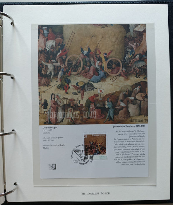 Album/Enciclopedie Hieronymus Bosch tematica ARTA, PICTURA, RELIGIE, EZOTERISM contine aproximativ 100 serii, blocuri ilustrate si maxicarduri in posete de plastic, cu picturi celebre . SUPERB!! Albumul are coperti si caseta din piele.