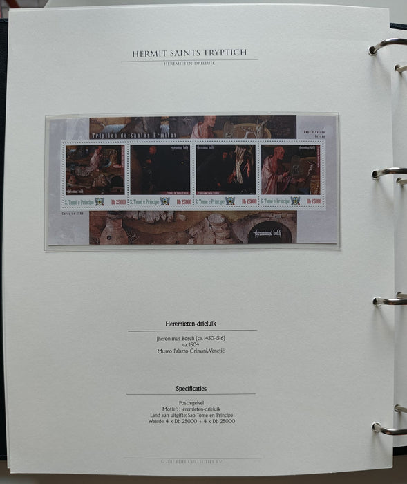 Album/Enciclopedie Hieronymus Bosch tematica ARTA, PICTURA, RELIGIE, EZOTERISM contine aproximativ 100 serii, blocuri ilustrate si maxicarduri in posete de plastic, cu picturi celebre . SUPERB!! Albumul are coperti si caseta din piele.