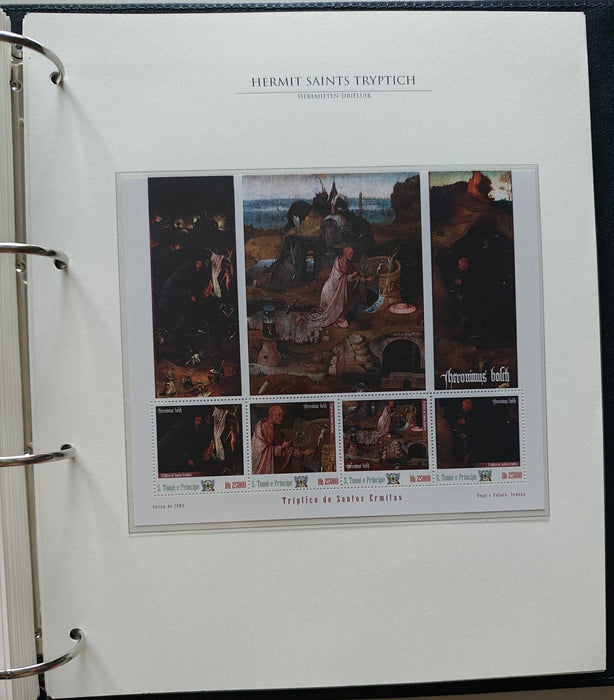 Album/Enciclopedie Hieronymus Bosch tematica ARTA, PICTURA, RELIGIE, EZOTERISM contine aproximativ 100 serii, blocuri ilustrate si maxicarduri in posete de plastic, cu picturi celebre . SUPERB!! Albumul are coperti si caseta din piele.