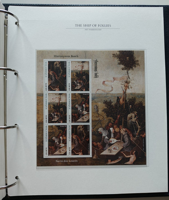 Album/Enciclopedie Hieronymus Bosch tematica ARTA, PICTURA, RELIGIE, EZOTERISM contine aproximativ 100 serii, blocuri ilustrate si maxicarduri in posete de plastic, cu picturi celebre . SUPERB!! Albumul are coperti si caseta din piele.