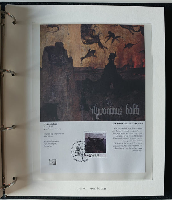 Album/Enciclopedie Hieronymus Bosch tematica ARTA, PICTURA, RELIGIE, EZOTERISM contine aproximativ 100 serii, blocuri ilustrate si maxicarduri in posete de plastic, cu picturi celebre . SUPERB!! Albumul are coperti si caseta din piele.