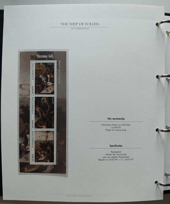 Album/Enciclopedie Hieronymus Bosch tematica ARTA, PICTURA, RELIGIE, EZOTERISM contine aproximativ 100 serii, blocuri ilustrate si maxicarduri in posete de plastic, cu picturi celebre . SUPERB!! Albumul are coperti si caseta din piele.