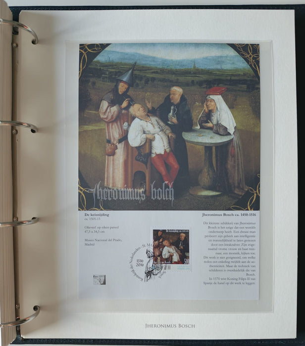 Album/Enciclopedie Hieronymus Bosch tematica ARTA, PICTURA, RELIGIE, EZOTERISM contine aproximativ 100 serii, blocuri ilustrate si maxicarduri in posete de plastic, cu picturi celebre . SUPERB!! Albumul are coperti si caseta din piele.