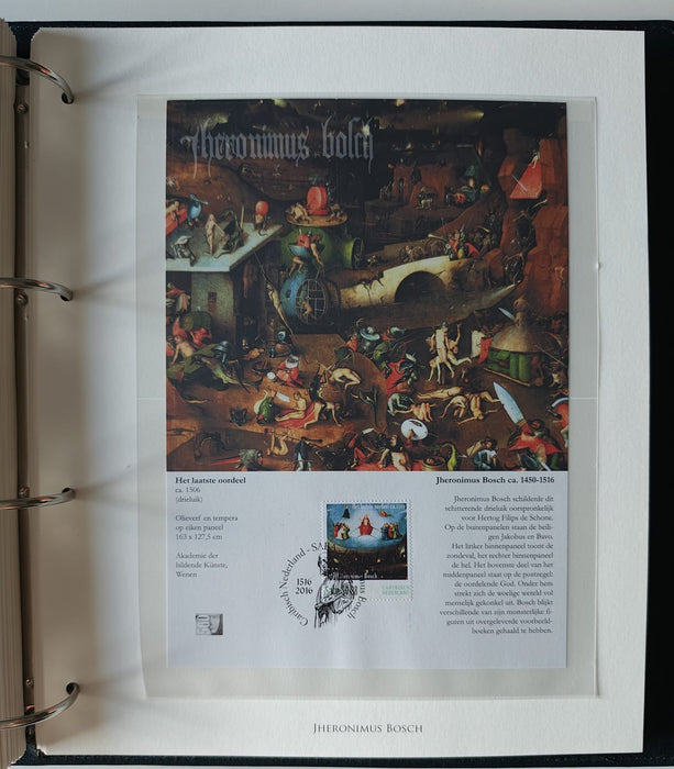 Album/Enciclopedie Hieronymus Bosch tematica ARTA, PICTURA, RELIGIE, EZOTERISM contine aproximativ 100 serii, blocuri ilustrate si maxicarduri in posete de plastic, cu picturi celebre . SUPERB!! Albumul are coperti si caseta din piele.