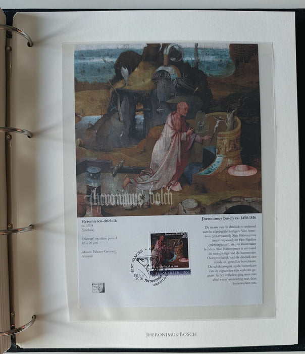 Album/Enciclopedie Hieronymus Bosch tematica ARTA, PICTURA, RELIGIE, EZOTERISM contine aproximativ 100 serii, blocuri ilustrate si maxicarduri in posete de plastic, cu picturi celebre . SUPERB!! Albumul are coperti si caseta din piele.