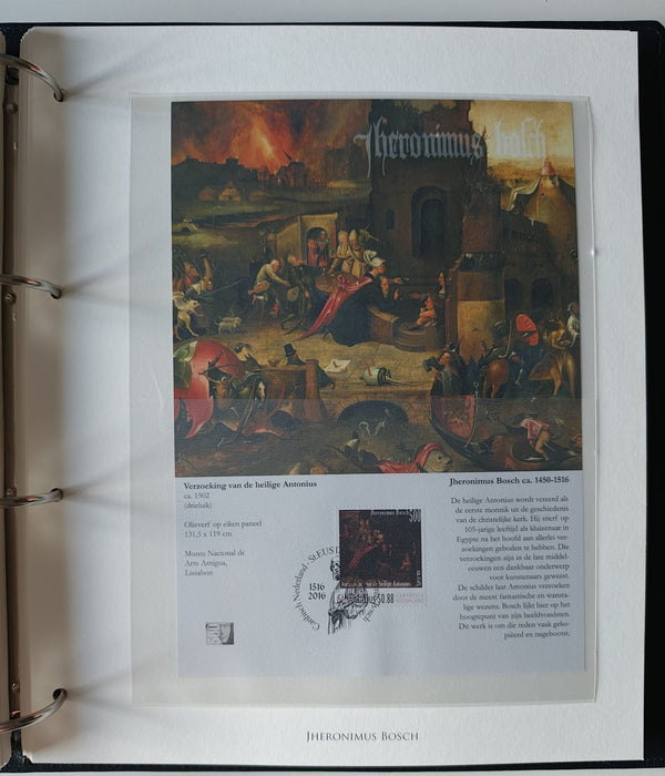 Album/Enciclopedie Hieronymus Bosch tematica ARTA, PICTURA, RELIGIE, EZOTERISM contine aproximativ 100 serii, blocuri ilustrate si maxicarduri in posete de plastic, cu picturi celebre . SUPERB!! Albumul are coperti si caseta din piele.