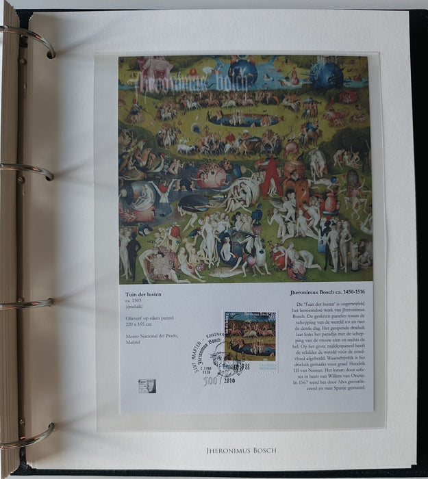 Album/Enciclopedie Hieronymus Bosch tematica ARTA, PICTURA, RELIGIE, EZOTERISM contine aproximativ 100 serii, blocuri ilustrate si maxicarduri in posete de plastic, cu picturi celebre . SUPERB!! Albumul are coperti si caseta din piele.