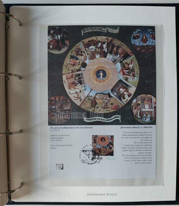 Album/Enciclopedie Hieronymus Bosch tematica ARTA, PICTURA, RELIGIE, EZOTERISM contine aproximativ 100 serii, blocuri ilustrate si maxicarduri in posete de plastic, cu picturi celebre . SUPERB!! Albumul are coperti si caseta din piele.