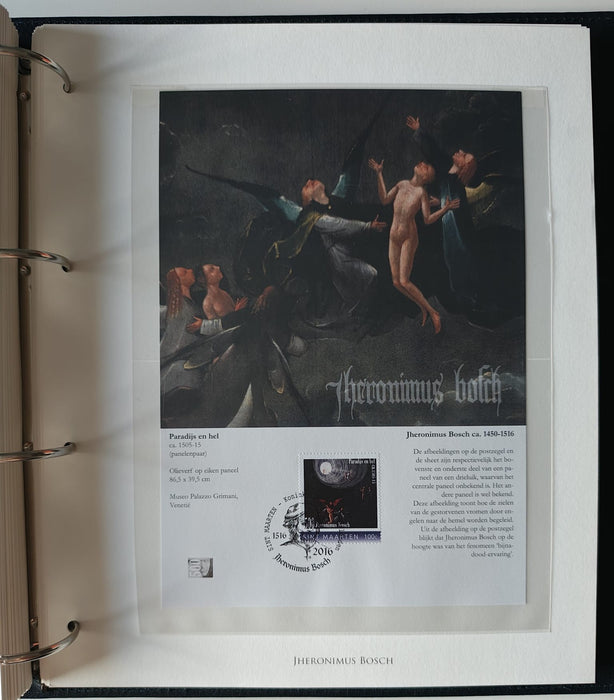 Album/Enciclopedie Hieronymus Bosch tematica ARTA, PICTURA, RELIGIE, EZOTERISM contine aproximativ 100 serii, blocuri ilustrate si maxicarduri in posete de plastic, cu picturi celebre . SUPERB!! Albumul are coperti si caseta din piele.