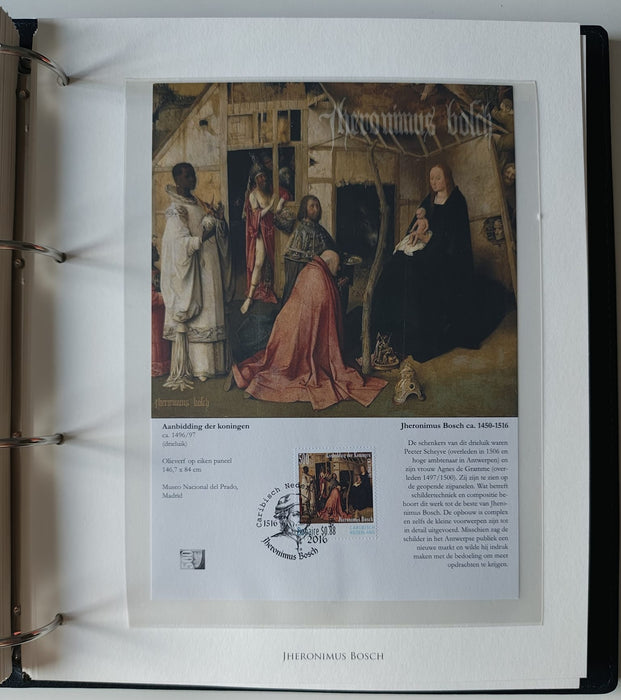 Album/Enciclopedie Hieronymus Bosch tematica ARTA, PICTURA, RELIGIE, EZOTERISM contine aproximativ 100 serii, blocuri ilustrate si maxicarduri in posete de plastic, cu picturi celebre . SUPERB!! Albumul are coperti si caseta din piele.