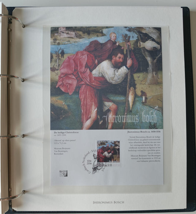 Album/Enciclopedie Hieronymus Bosch tematica ARTA, PICTURA, RELIGIE, EZOTERISM contine aproximativ 100 serii, blocuri ilustrate si maxicarduri in posete de plastic, cu picturi celebre . SUPERB!! Albumul are coperti si caseta din piele.