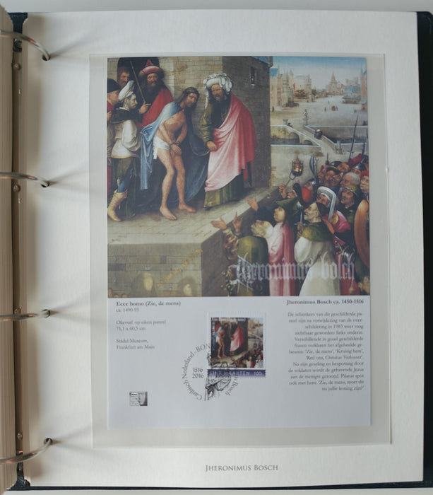 Album/Enciclopedie Hieronymus Bosch tematica ARTA, PICTURA, RELIGIE, EZOTERISM contine aproximativ 100 serii, blocuri ilustrate si maxicarduri in posete de plastic, cu picturi celebre . SUPERB!! Albumul are coperti si caseta din piele.