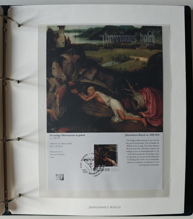 Album/Enciclopedie Hieronymus Bosch tematica ARTA, PICTURA, RELIGIE, EZOTERISM contine aproximativ 100 serii, blocuri ilustrate si maxicarduri in posete de plastic, cu picturi celebre . SUPERB!! Albumul are coperti si caseta din piele.