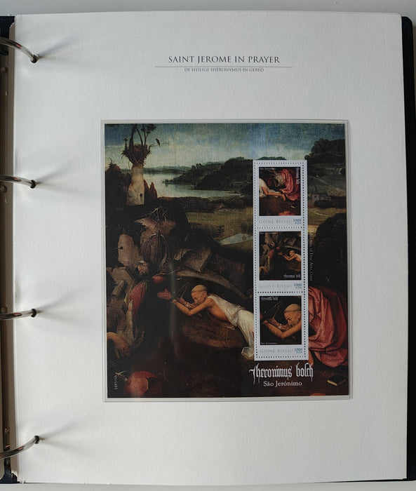 Album/Enciclopedie Hieronymus Bosch tematica ARTA, PICTURA, RELIGIE, EZOTERISM contine aproximativ 100 serii, blocuri ilustrate si maxicarduri in posete de plastic, cu picturi celebre . SUPERB!! Albumul are coperti si caseta din piele.