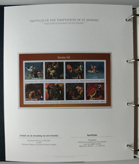 Album/Enciclopedie Hieronymus Bosch tematica ARTA, PICTURA, RELIGIE, EZOTERISM contine aproximativ 100 serii, blocuri ilustrate si maxicarduri in posete de plastic, cu picturi celebre . SUPERB!! Albumul are coperti si caseta din piele.