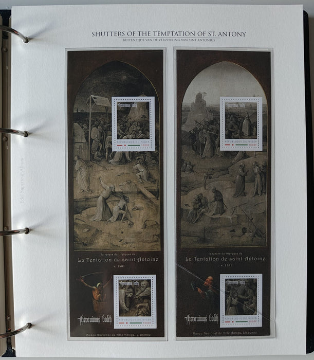 Album/Enciclopedie Hieronymus Bosch tematica ARTA, PICTURA, RELIGIE, EZOTERISM contine aproximativ 100 serii, blocuri ilustrate si maxicarduri in posete de plastic, cu picturi celebre . SUPERB!! Albumul are coperti si caseta din piele.