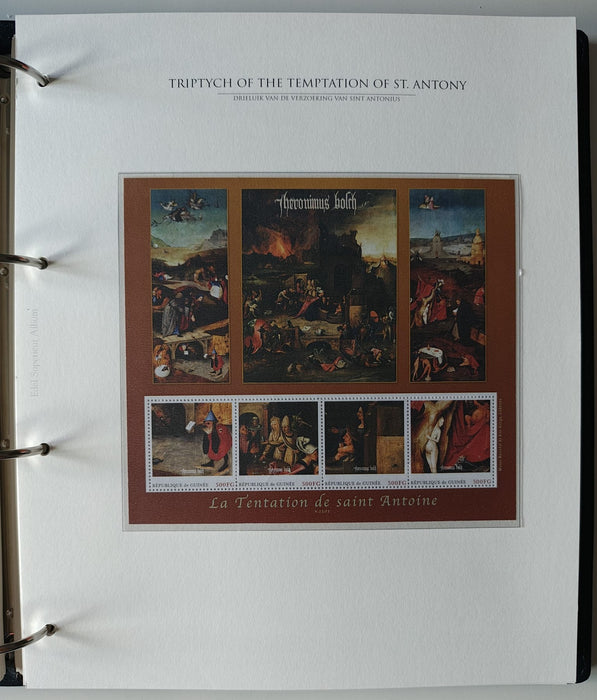 Album/Enciclopedie Hieronymus Bosch tematica ARTA, PICTURA, RELIGIE, EZOTERISM contine aproximativ 100 serii, blocuri ilustrate si maxicarduri in posete de plastic, cu picturi celebre . SUPERB!! Albumul are coperti si caseta din piele.