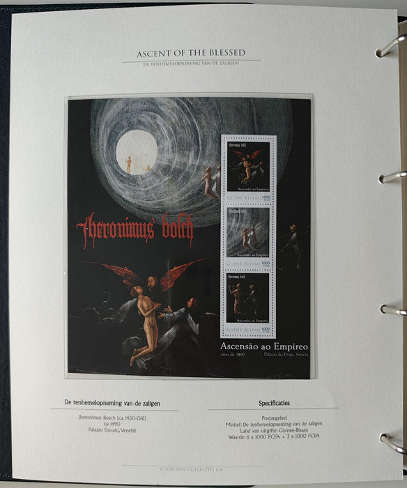 Album/Enciclopedie Hieronymus Bosch tematica ARTA, PICTURA, RELIGIE, EZOTERISM contine aproximativ 100 serii, blocuri ilustrate si maxicarduri in posete de plastic, cu picturi celebre . SUPERB!! Albumul are coperti si caseta din piele.