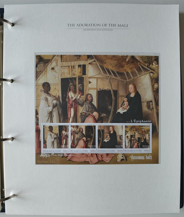 Album/Enciclopedie Hieronymus Bosch tematica ARTA, PICTURA, RELIGIE, EZOTERISM contine aproximativ 100 serii, blocuri ilustrate si maxicarduri in posete de plastic, cu picturi celebre . SUPERB!! Albumul are coperti si caseta din piele.