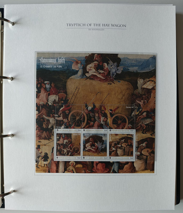 Album/Enciclopedie Hieronymus Bosch tematica ARTA, PICTURA, RELIGIE, EZOTERISM contine aproximativ 100 serii, blocuri ilustrate si maxicarduri in posete de plastic, cu picturi celebre . SUPERB!! Albumul are coperti si caseta din piele.