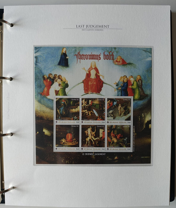 Album/Enciclopedie Hieronymus Bosch tematica ARTA, PICTURA, RELIGIE, EZOTERISM contine aproximativ 100 serii, blocuri ilustrate si maxicarduri in posete de plastic, cu picturi celebre . SUPERB!! Albumul are coperti si caseta din piele.