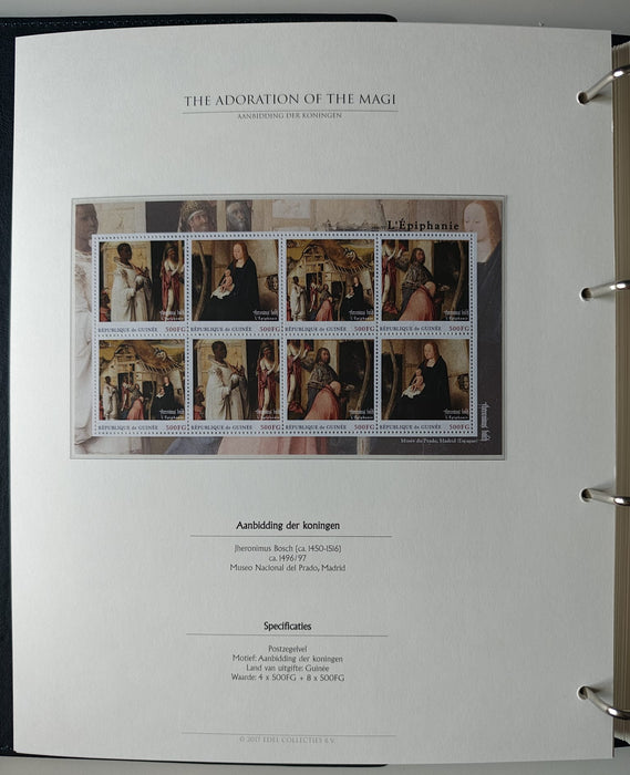 Album/Enciclopedie Hieronymus Bosch tematica ARTA, PICTURA, RELIGIE, EZOTERISM contine aproximativ 100 serii, blocuri ilustrate si maxicarduri in posete de plastic, cu picturi celebre . SUPERB!! Albumul are coperti si caseta din piele.