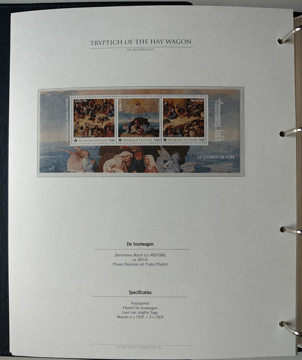 Album/Enciclopedie Hieronymus Bosch tematica ARTA, PICTURA, RELIGIE, EZOTERISM contine aproximativ 100 serii, blocuri ilustrate si maxicarduri in posete de plastic, cu picturi celebre . SUPERB!! Albumul are coperti si caseta din piele.