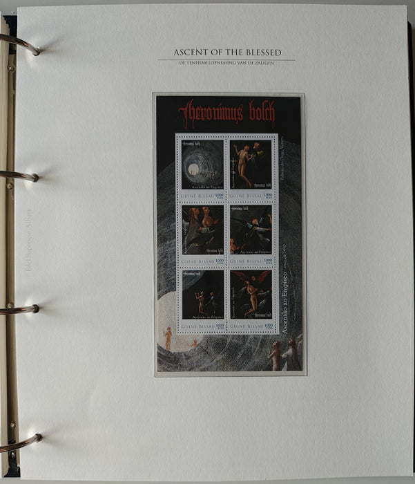 Album/Enciclopedie Hieronymus Bosch tematica ARTA, PICTURA, RELIGIE, EZOTERISM contine aproximativ 100 serii, blocuri ilustrate si maxicarduri in posete de plastic, cu picturi celebre . SUPERB!! Albumul are coperti si caseta din piele.