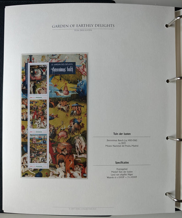 Album/Enciclopedie Hieronymus Bosch tematica ARTA, PICTURA, RELIGIE, EZOTERISM contine aproximativ 100 serii, blocuri ilustrate si maxicarduri in posete de plastic, cu picturi celebre . SUPERB!! Albumul are coperti si caseta din piele.