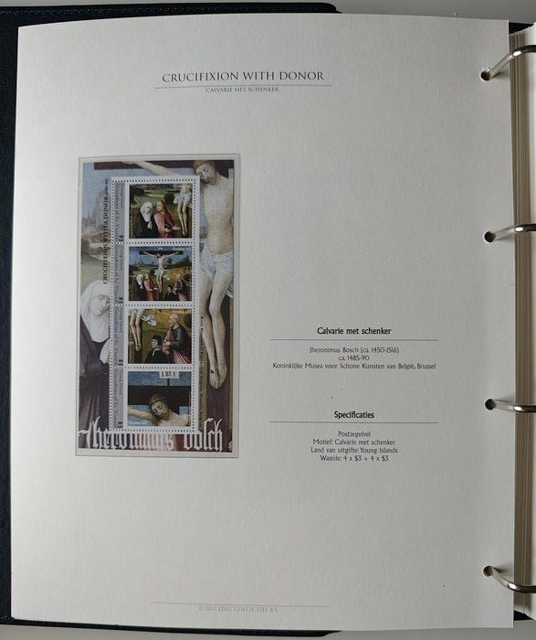 Album/Enciclopedie Hieronymus Bosch tematica ARTA, PICTURA, RELIGIE, EZOTERISM contine aproximativ 100 serii, blocuri ilustrate si maxicarduri in posete de plastic, cu picturi celebre . SUPERB!! Albumul are coperti si caseta din piele.