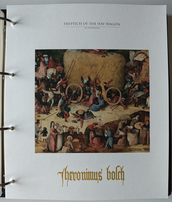 Album/Enciclopedie Hieronymus Bosch tematica ARTA, PICTURA, RELIGIE, EZOTERISM contine aproximativ 100 serii, blocuri ilustrate si maxicarduri in posete de plastic, cu picturi celebre . SUPERB!! Albumul are coperti si caseta din piele.