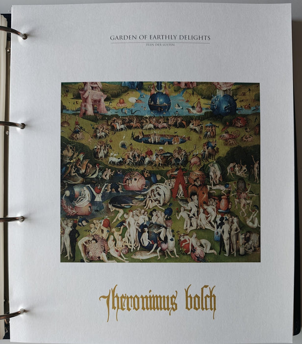 Album/Enciclopedie Hieronymus Bosch tematica ARTA, PICTURA, RELIGIE, EZOTERISM contine aproximativ 100 serii, blocuri ilustrate si maxicarduri in posete de plastic, cu picturi celebre . SUPERB!! Albumul are coperti si caseta din piele.