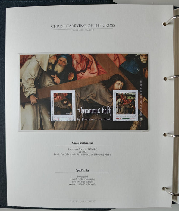 Album/Enciclopedie Hieronymus Bosch tematica ARTA, PICTURA, RELIGIE, EZOTERISM contine aproximativ 100 serii, blocuri ilustrate si maxicarduri in posete de plastic, cu picturi celebre . SUPERB!! Albumul are coperti si caseta din piele.