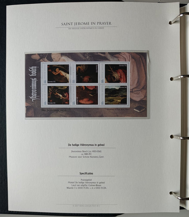 Album/Enciclopedie Hieronymus Bosch tematica ARTA, PICTURA, RELIGIE, EZOTERISM contine aproximativ 100 serii, blocuri ilustrate si maxicarduri in posete de plastic, cu picturi celebre . SUPERB!! Albumul are coperti si caseta din piele.