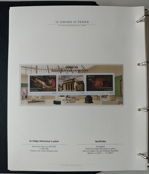 Album/Enciclopedie Hieronymus Bosch tematica ARTA, PICTURA, RELIGIE, EZOTERISM contine aproximativ 100 serii, blocuri ilustrate si maxicarduri in posete de plastic, cu picturi celebre . SUPERB!! Albumul are coperti si caseta din piele.