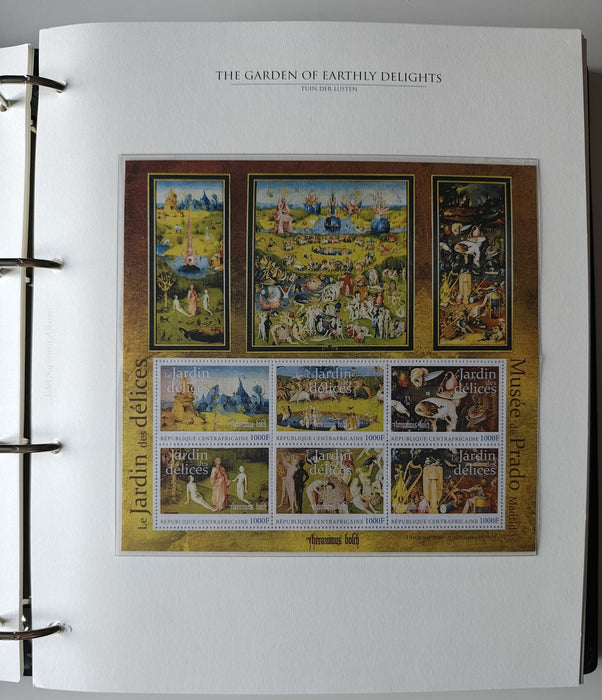 Album/Enciclopedie Hieronymus Bosch tematica ARTA, PICTURA, RELIGIE, EZOTERISM contine aproximativ 100 serii, blocuri ilustrate si maxicarduri in posete de plastic, cu picturi celebre . SUPERB!! Albumul are coperti si caseta din piele.