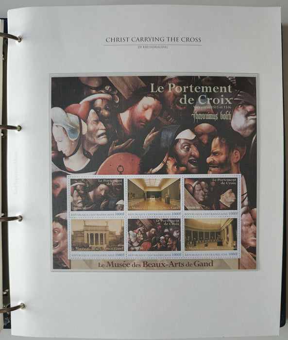 Album/Enciclopedie Hieronymus Bosch tematica ARTA, PICTURA, RELIGIE, EZOTERISM contine aproximativ 100 serii, blocuri ilustrate si maxicarduri in posete de plastic, cu picturi celebre . SUPERB!! Albumul are coperti si caseta din piele.