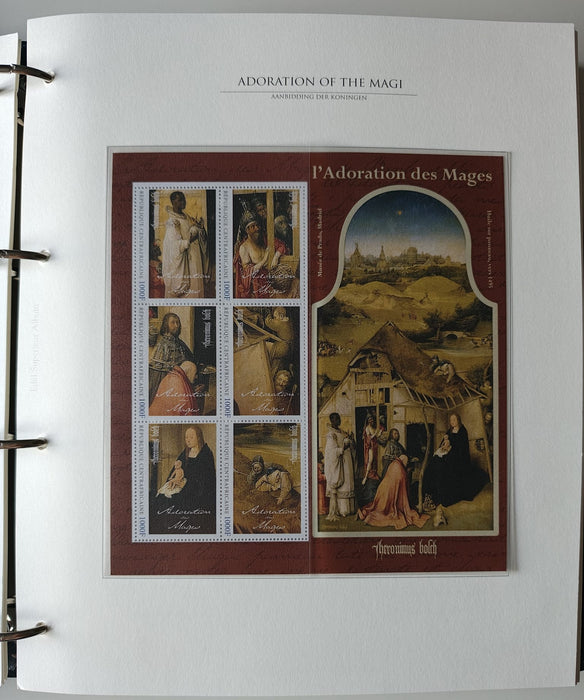 Album/Enciclopedie Hieronymus Bosch tematica ARTA, PICTURA, RELIGIE, EZOTERISM contine aproximativ 100 serii, blocuri ilustrate si maxicarduri in posete de plastic, cu picturi celebre . SUPERB!! Albumul are coperti si caseta din piele.