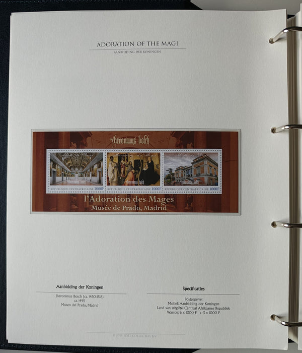 Album/Enciclopedie Hieronymus Bosch tematica ARTA, PICTURA, RELIGIE, EZOTERISM contine aproximativ 100 serii, blocuri ilustrate si maxicarduri in posete de plastic, cu picturi celebre . SUPERB!! Albumul are coperti si caseta din piele.